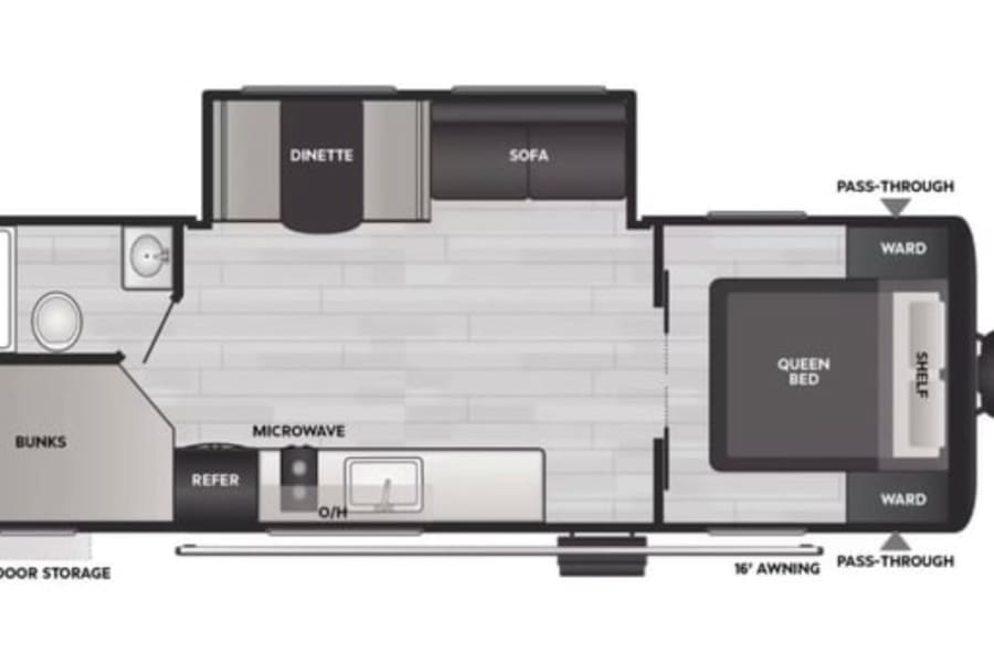 An rv rental floor plan illustrating a comfortable interior with a queen bed, bunks, kitchen, and living areas.