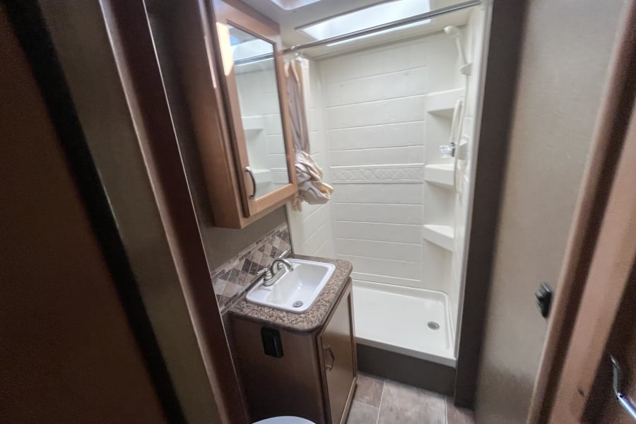 Compact rv rental bathroom featuring a sink vanity, toilet, shower stall, and overhead skylight.