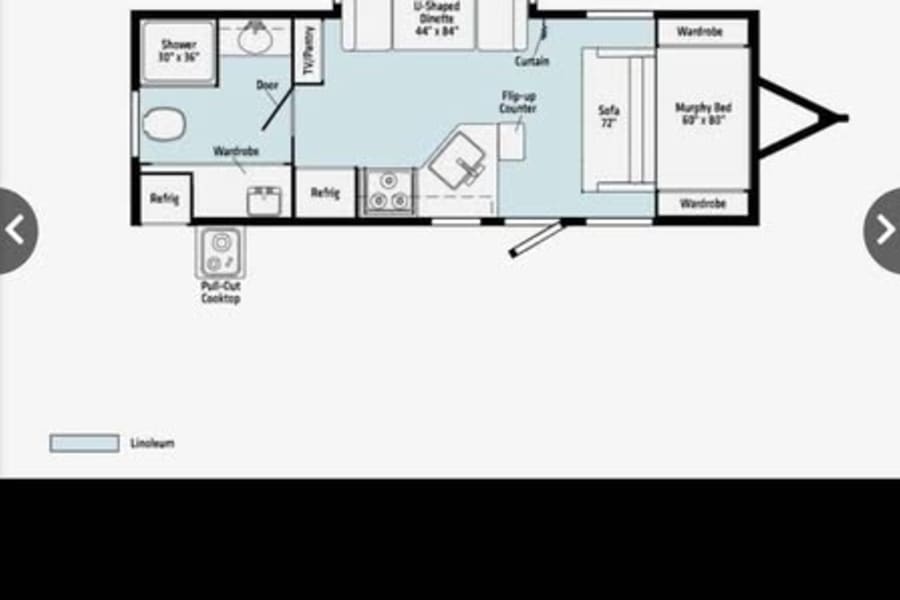 RV rental floor plan: Travel trailer layout showing U-shaped dinette, kitchen, full bath, and Murphy bed.