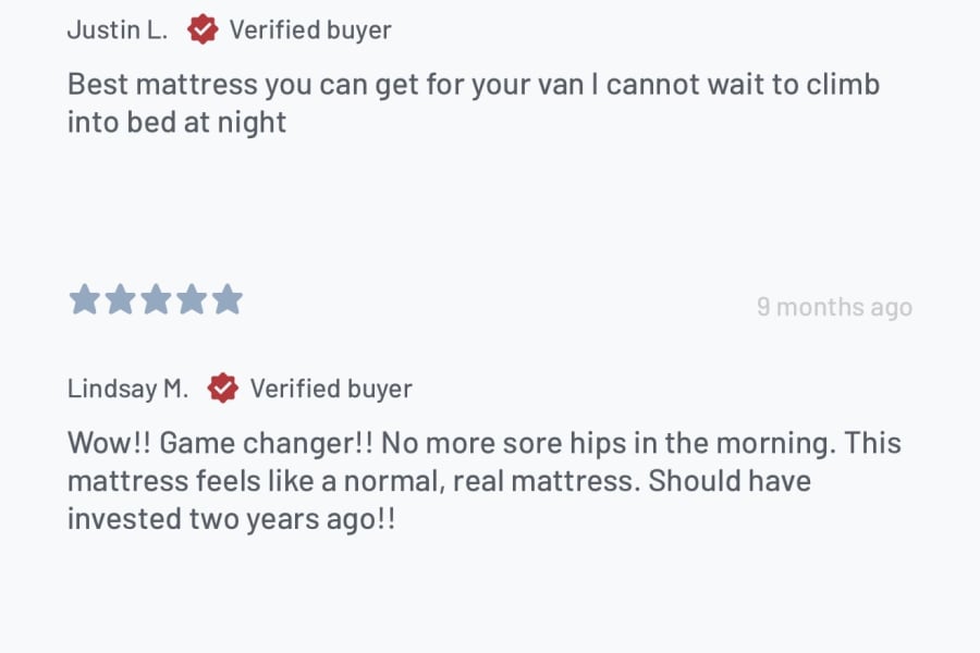 5-star customer reviews for a comfy van mattress. Great for RV rental, ensuring restful sleep and van life comfort.