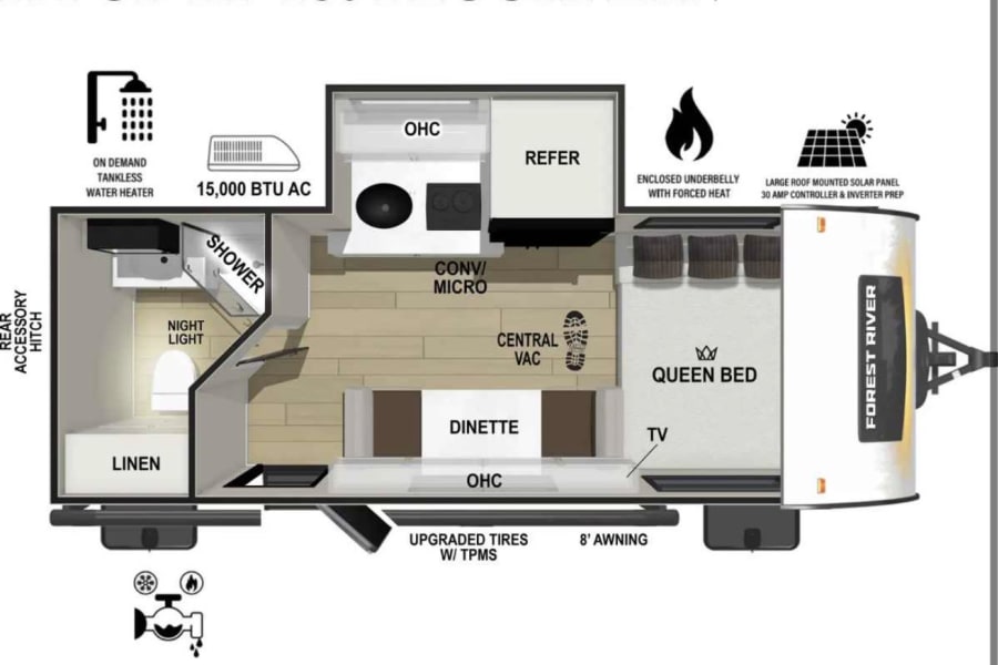 This R-Pod RP-180 RV floorplan for rv rental includes a queen bed, dinette, kitchen, shower, AC, tankless water heater, and solar.