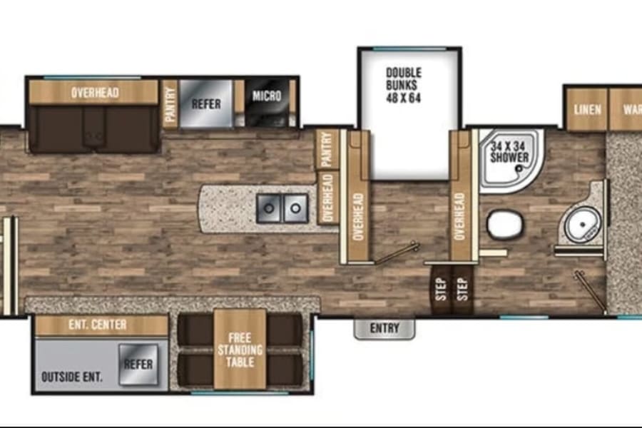 Detailed RV rental floor plan featuring a kitchen, dining area, double bunk beds, and a bathroom with a 34x34 shower.
