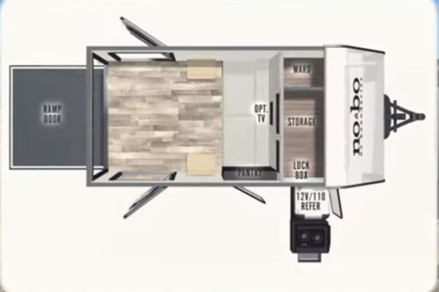 RV rental: No Boundaries toy hauler floor plan. Top-down view shows ramp door, sleeping, storage, pantry, and fridge.