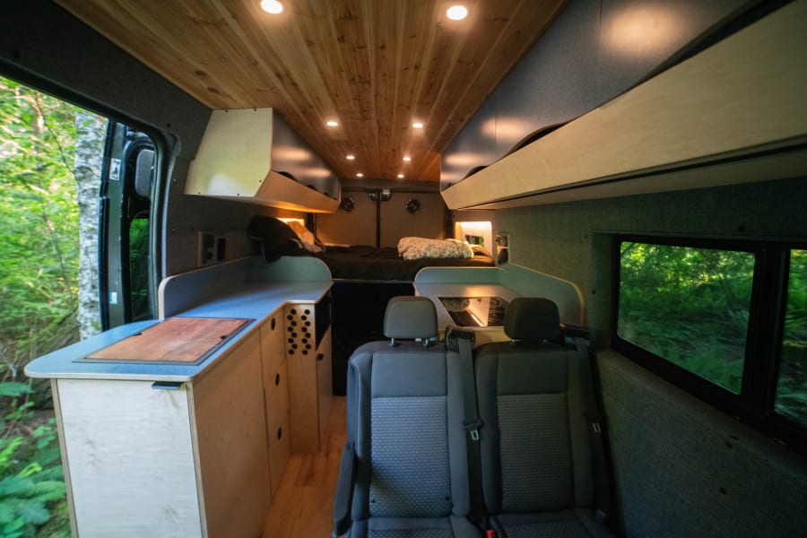 Spacious camper van RV rental interior: wood ceiling, kitchenette, bed, and rear seating, with green views outside.