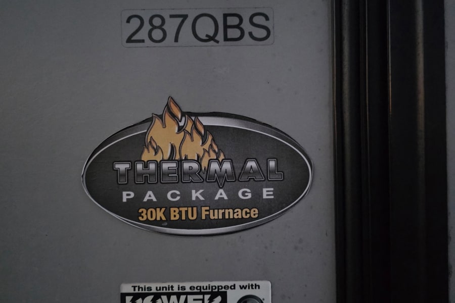 RV rental: Model 287QBS with thermal package 30K BTU furnace & Lippert power stabilizer jacks.