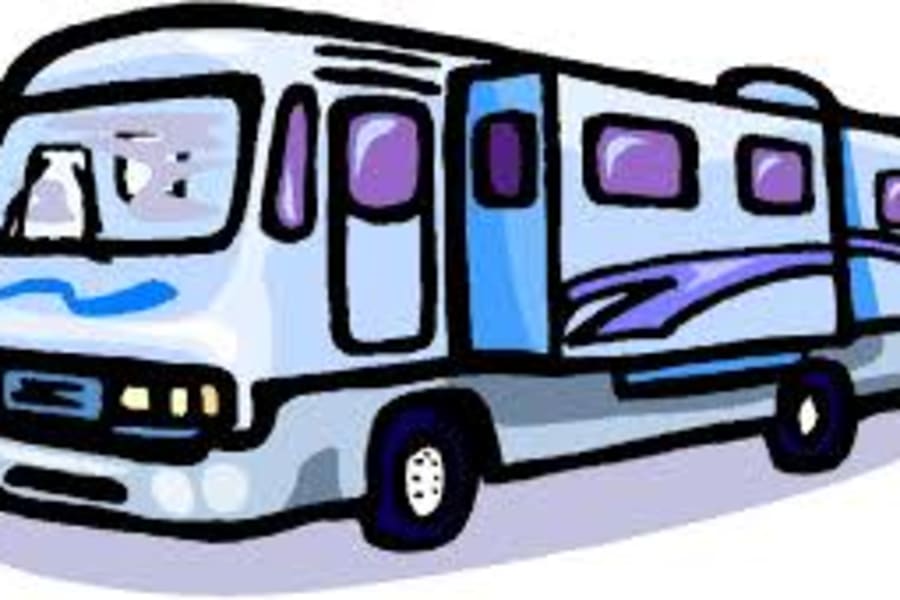 Cartoon illustration of a light blue and white motorhome with purple accents and an open door, ready for your rv rental adventure.