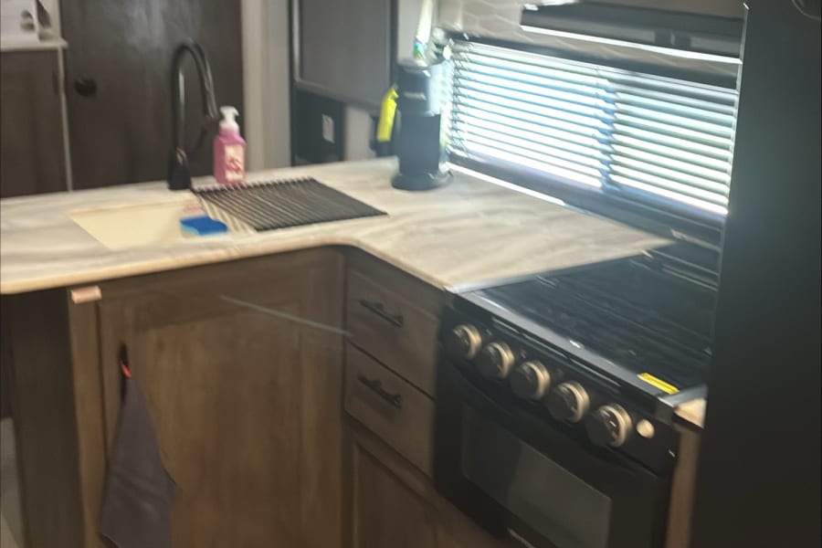 This RV rental kitchen features dark wood cabinets, a light countertop, sink, gas range, microwave, and patterned floor rug.