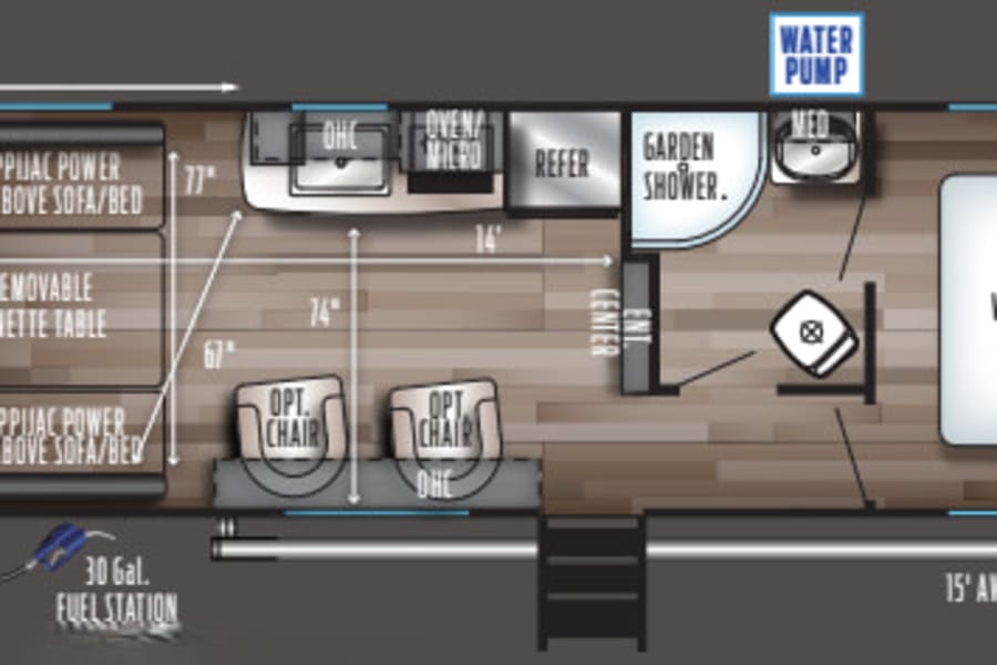 Explore this RV rental floor plan featuring a King bed, kitchen, bath, Happijac power beds, and a "Party Patio" ramp door.