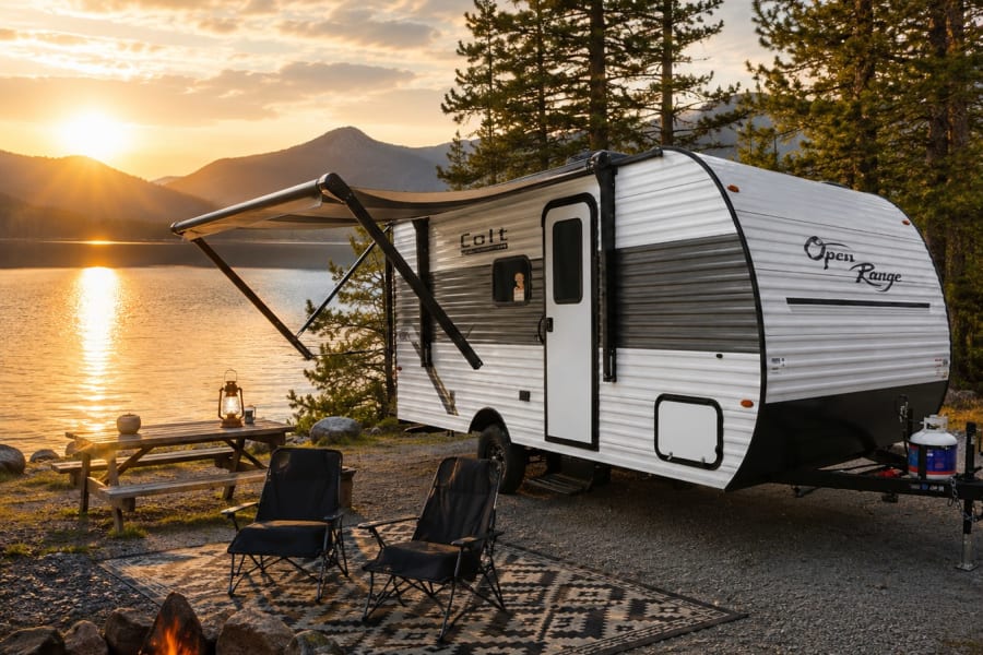 Serene lakeside RV rental at sunset, with a travel trailer, campfire, chairs, and stunning mountain views. Ideal for camping.