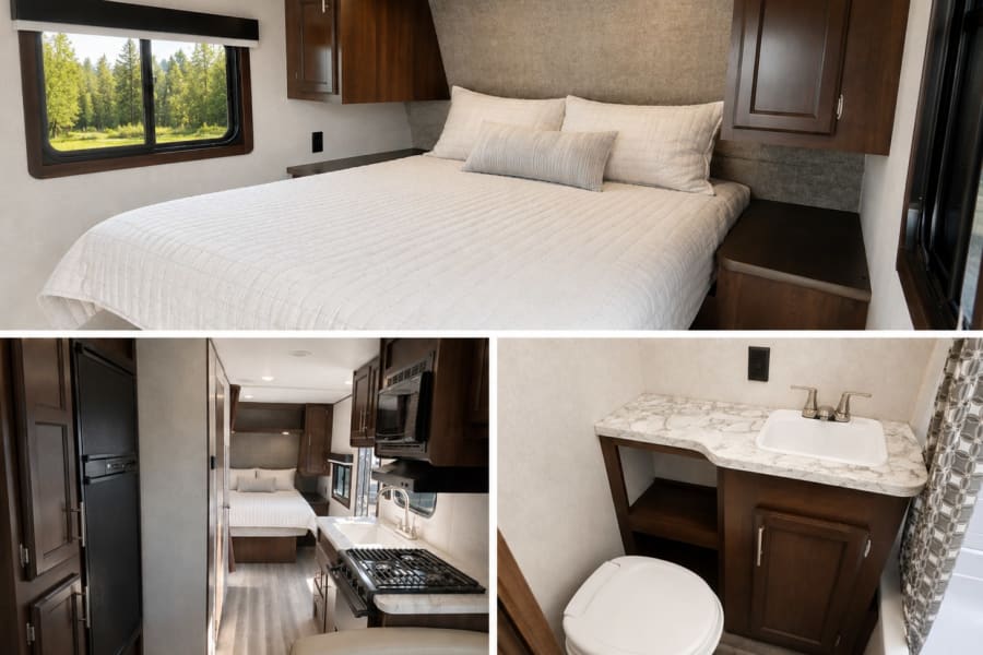 Inside your rv rental: a cozy bedroom with a window view, a functional kitchen, and a convenient bathroom.