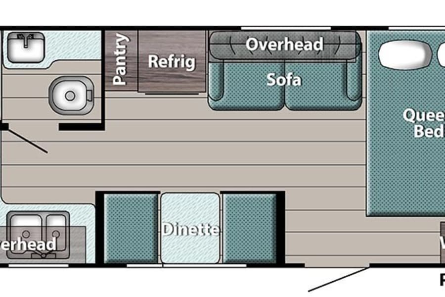 Top-down view of an RV rental floor plan, featuring a queen bed, kitchen, bathroom, dinette, and sofa layout.