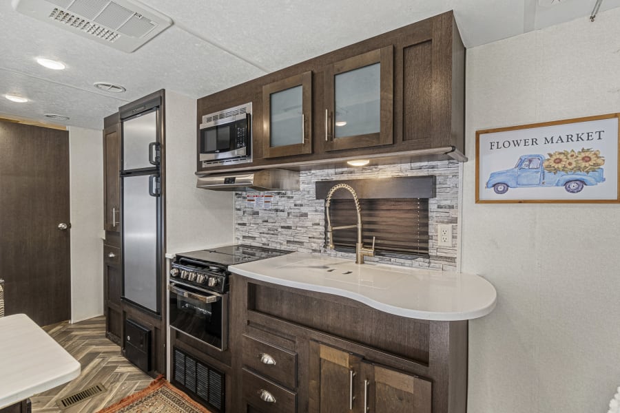 RV rental kitchen: dark wood cabinets, stainless steel appliances, white counter, sink, and "Flower Market" wall art.