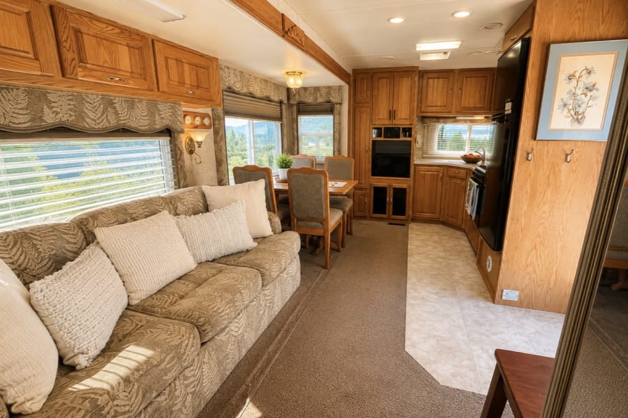 This RV rental features a cozy living area, dining space, and full kitchen, perfect for your next adventure.