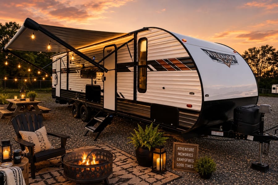 RV rental for glamping! Cozy travel trailer setup with awning, fire pit, seating, and string lights under a sunset sky.
