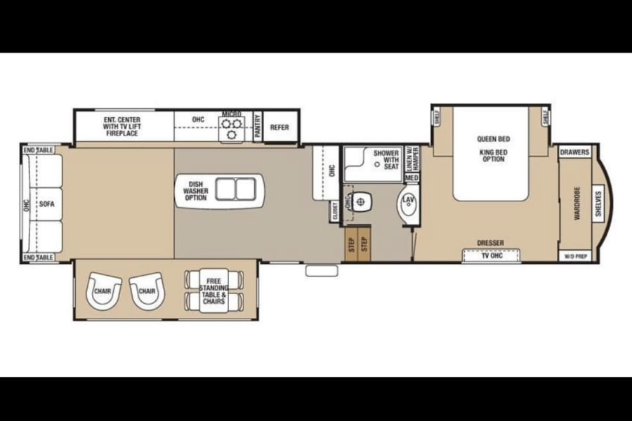 Detailed RV rental floor plan showing living, kitchen, bath, and bedroom areas with options like queen/king bed and dishwasher.