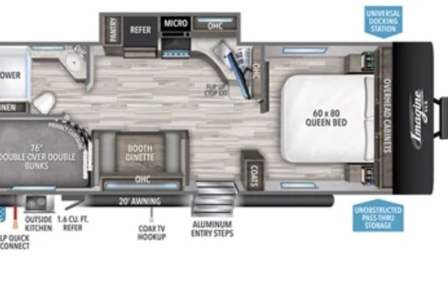 Detailed rv rental floor plan for an 'Imagine' travel trailer, featuring queen bed, bunks, kitchen, dinette, and bath layout.