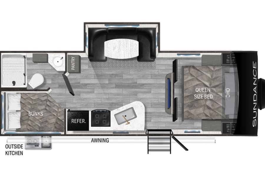 Detailed RV rental floor plan: queen bed, bunks, full kitchen, bath, dinette, and outdoor amenities. Great for family trips.