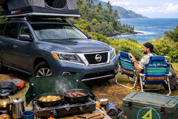 Blue AWD Nissan Pathfinder "XL" w/Rooftop Tent, sleeps 4+