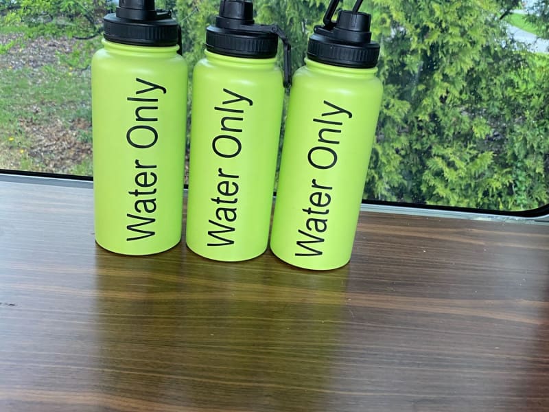 We fill these with boiling water so there is always hot water to wash our faces or make tea. Tip:  you can usually fill them with boiling water from the coffee station at truck stops