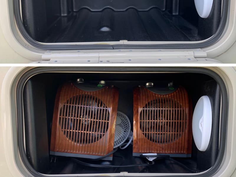 This compartment is 19w 12h 18d and on the passenger side. I keep an extra fan and a couple of electric heaters in there.