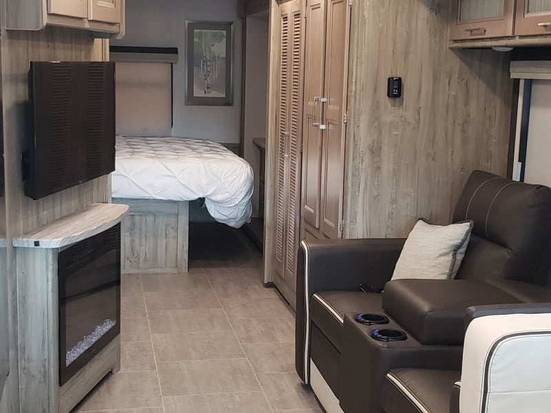 Slide-out open, Bed Made, ready to go out.