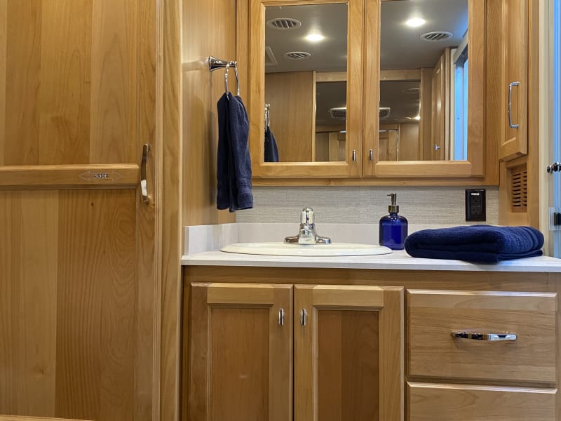 Master Bathroom with shower, sink/vanity, linen closet, toilet, and storage cabinet with tankless/endless hot water heater.
