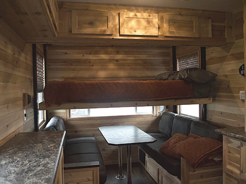 Electric drop down queen bed, with benches that fold down to full size beds