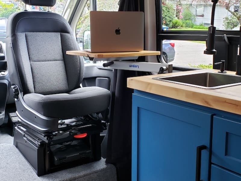 Captains chair swivel with Lagun table work station. Can also be used for additional prep space beside the kitchen sink.