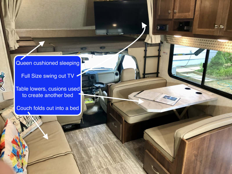 Converting couch and dinette to beds/lounges.