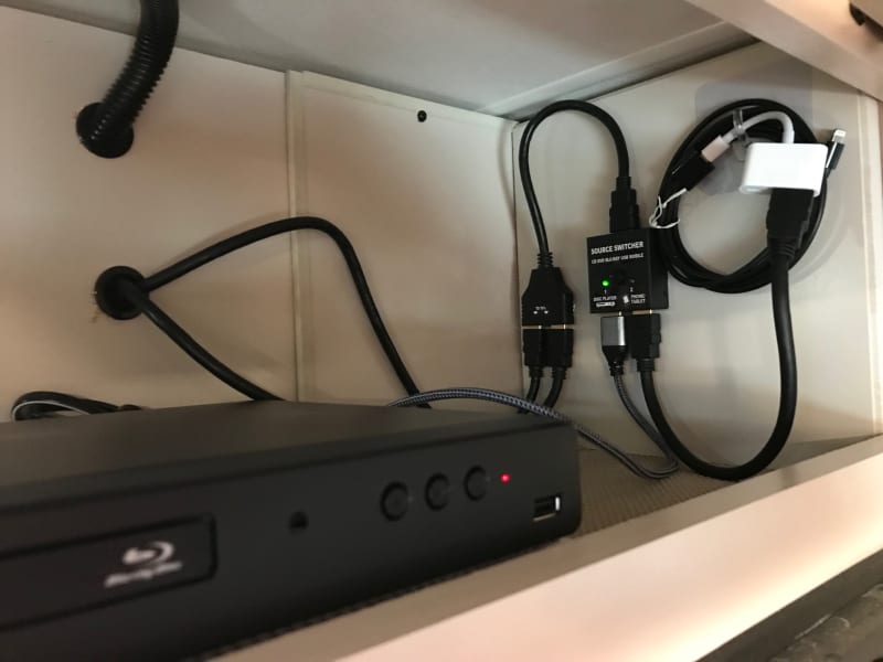 You can play photos/videos from CD/DVD/Blu-ray/tablet/phone. includes cords to feed from phone/tablet.