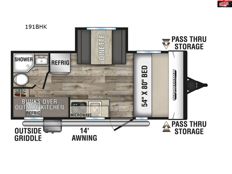 (Storage is not pass through on Towbee, but it is the full width of the camper)
