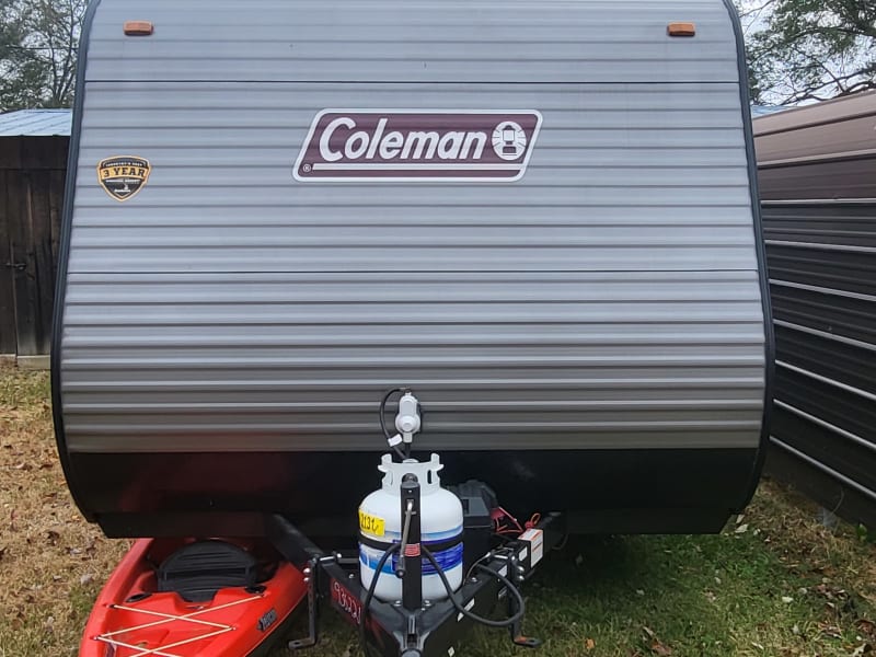 Front view of the camper.  It has a anti-sway hitch for towing.