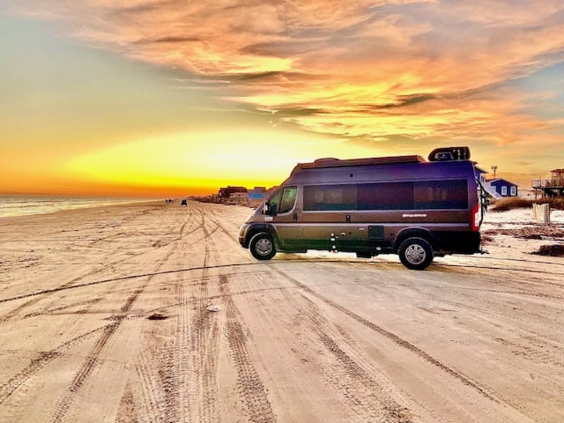 Just park anywhere and enjoy the off-grid vanlife our van was designed for!  (Photo: Jamaca Beach, Galveston Island, TX)
