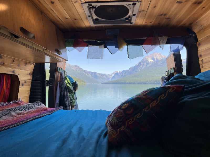 Fan above bed provides great white noise and keeps the van cool.