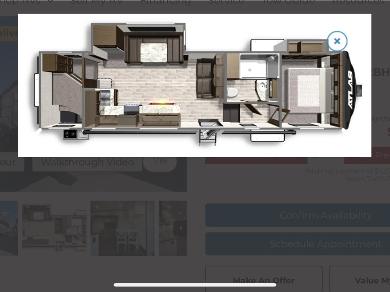 Mfg floor plan, our RV is different in the living area. No dinette, but has separate dual recliners and dining table. 