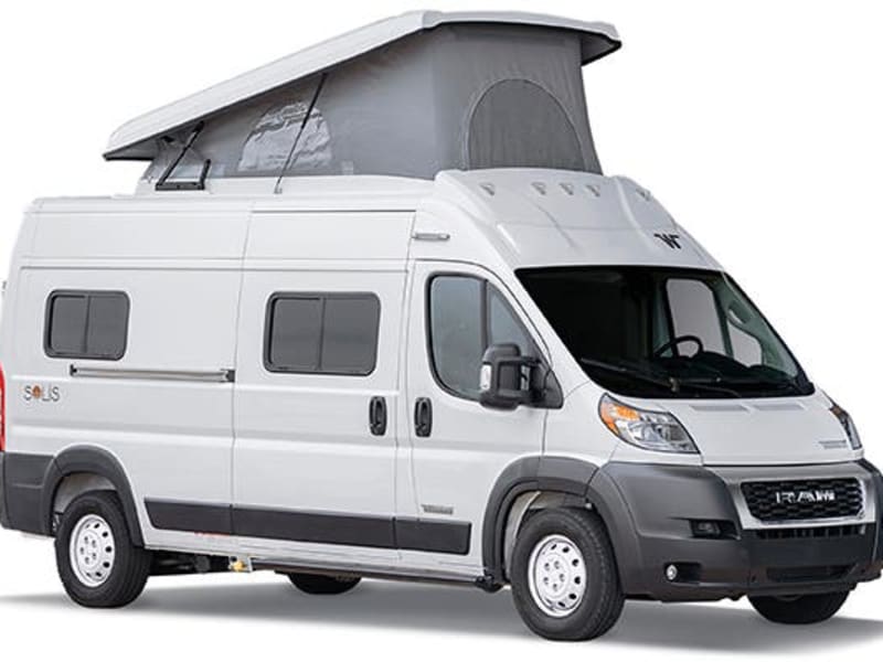 What RV drives like a car, parks in a regular space, has a full bath w/ toilet, shower, & hot water, has a kitchen, 6 seatbelts, & sleeps five adults?