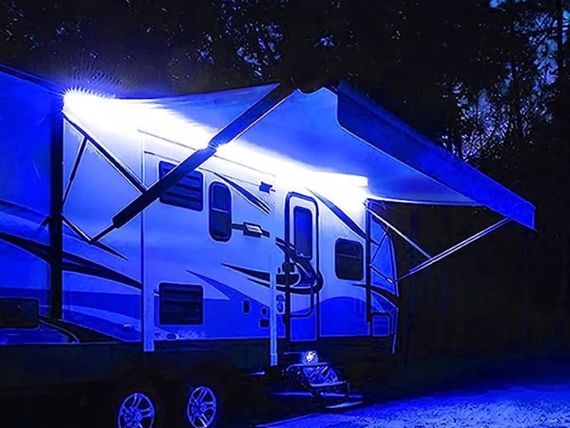 Blue LED lights under awning