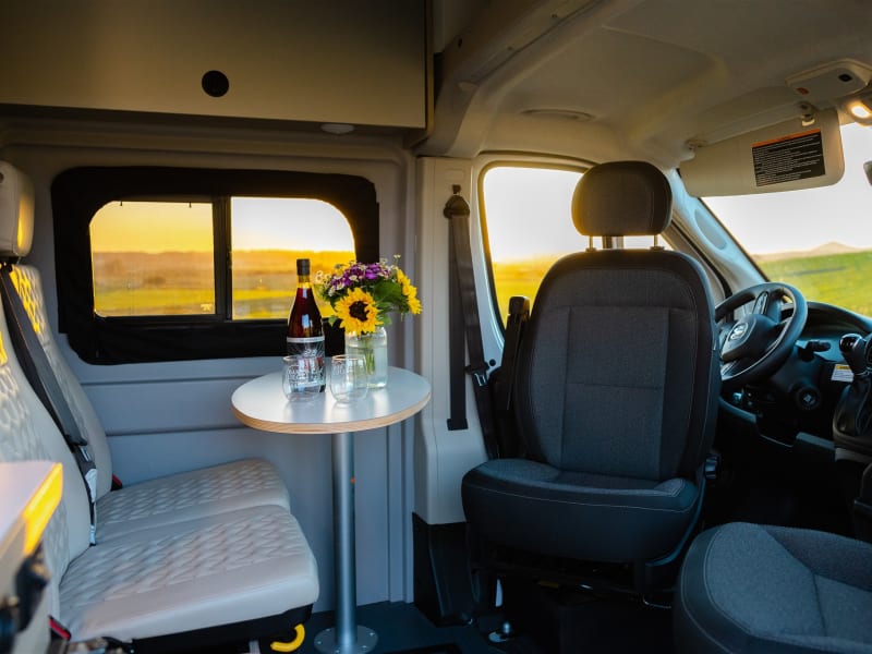 Driver and passenger seat swivel in minutes for dinning. 
