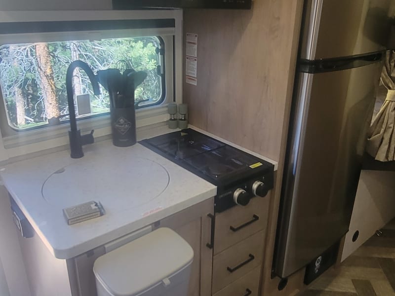 With a two burner propane stove and microwave (that works even without shore power), you can bring home cooked meals with you anywhere.