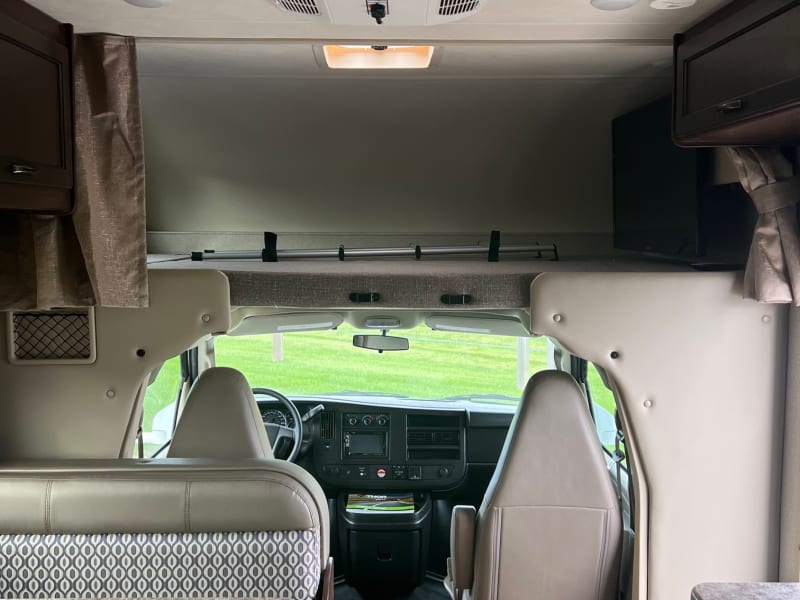 view from back of RV looking forward toward driver's seat