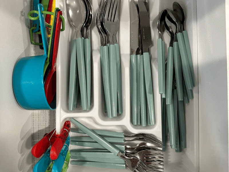 Reusable silverware and measuring cups.