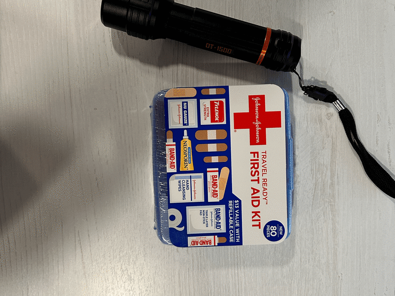 Safety items: flashlight and small first aid kit.