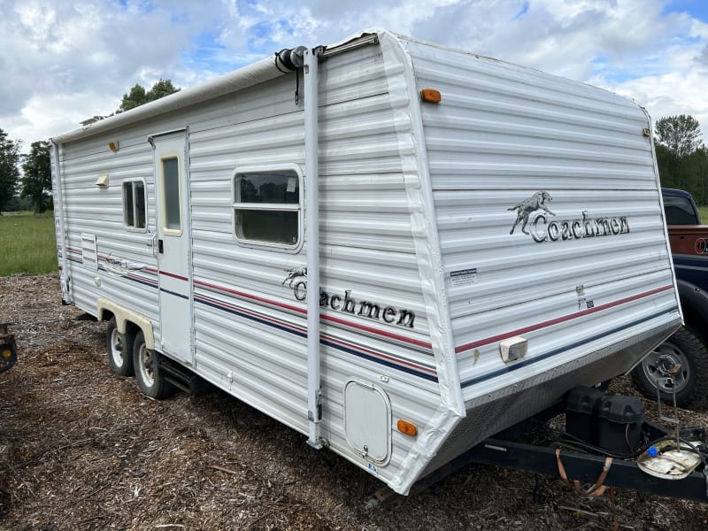 Front view of access door and overhead awning. 