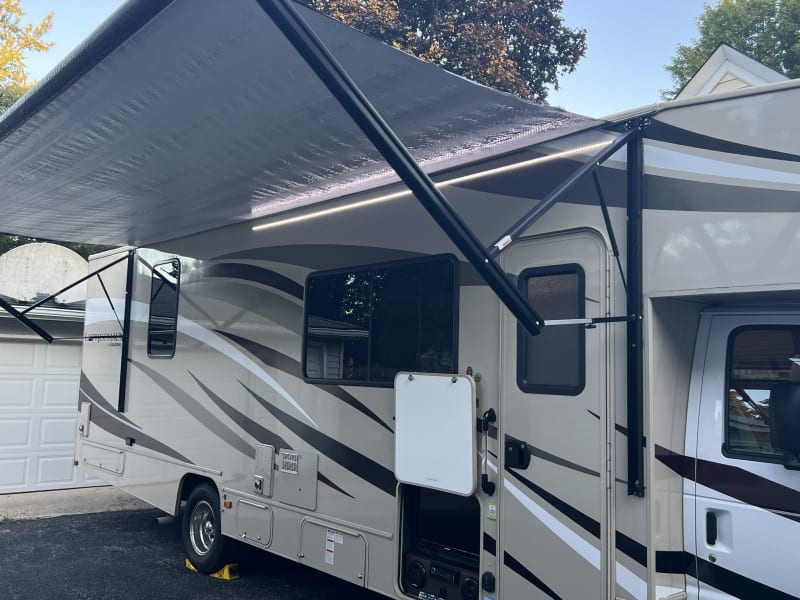 Electric awning with lights.