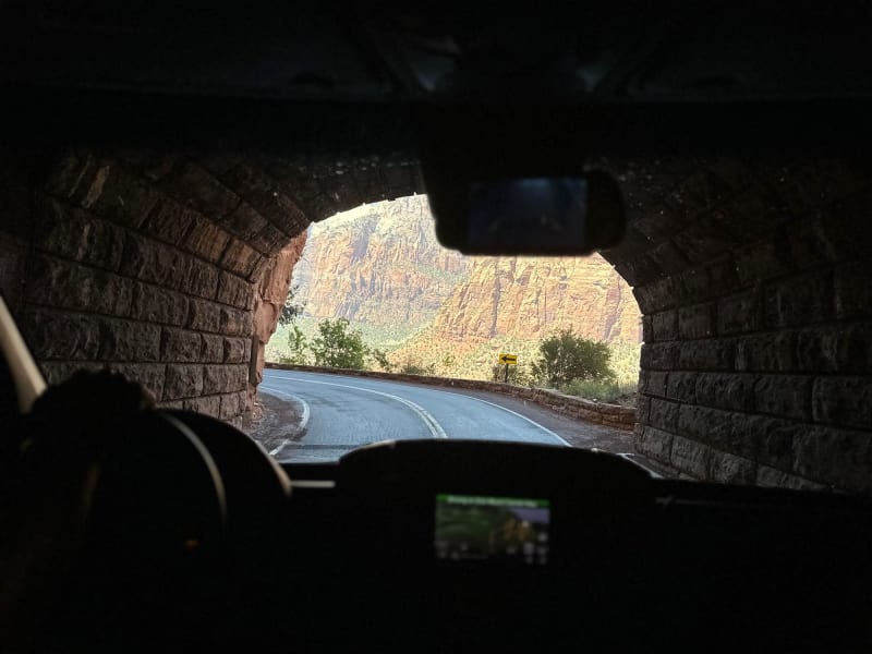 Traveling from Bryce Canyon to Zions National Park through the tunnel that opens up into Zions.