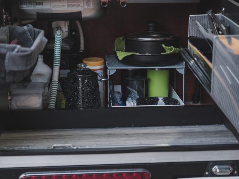 All the kitchen supplies fit nicely in the galley kitchen.