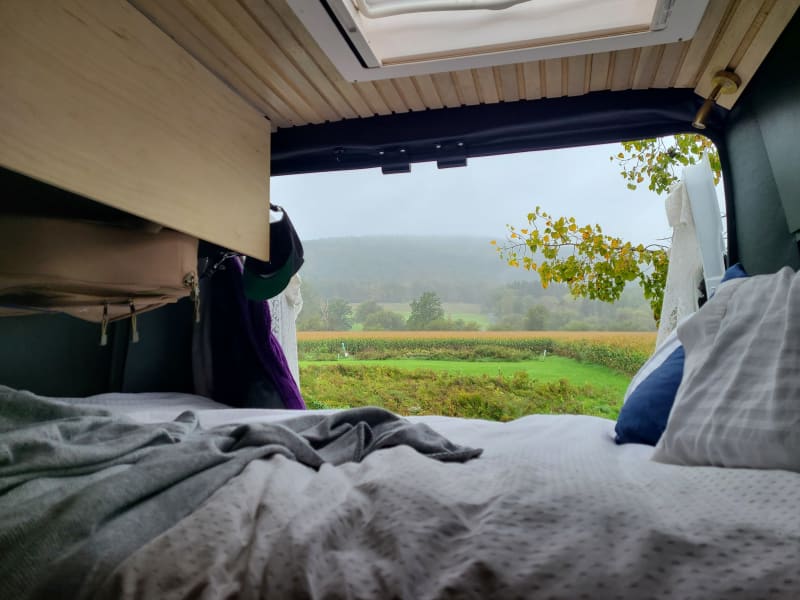 Queen/Full bed sleeping with back doors open to an open field, space to store guitar. Skylight overhead.