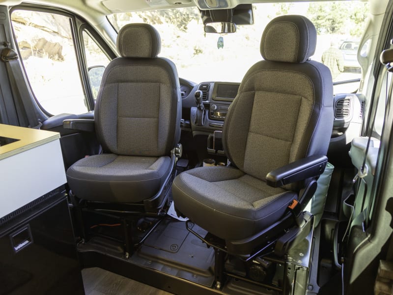 Both front seats swivel to face the rear for extra seating