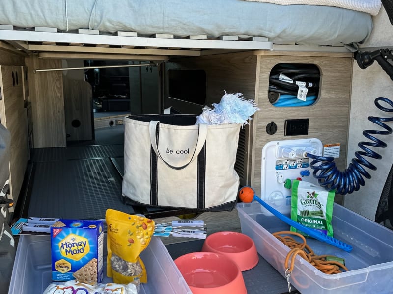 S'mores kit, snacks for snacking and the essentials for your furry friend.