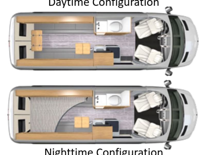 During the day, the rear opposing sofas are a great place to hang out and relax.  At nighttime, they fold flat into your bed.  Right above the bed is a skylight that you can open!  It's like sleeping under the stars!